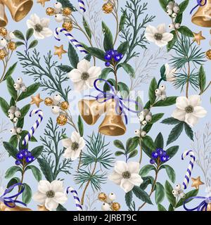 Nahtloses Muster mit weihnachtlichen botanischen Pflanzen, Blumen und Glocken. Textil- oder Tapetendruck. Stock Vektor