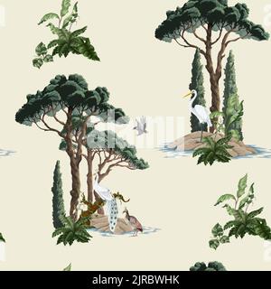 Nahtloses Muster mit Bäumen, Büschen und Vögeln. Vektor Stock Vektor