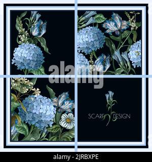 Design Schal mit blauen Hortensien und anderen Blumen. Vektor. Stock Vektor