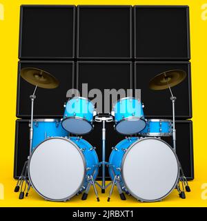 Set aus realistischen Drums mit Metallbeckenspielen oder Drumset und Verstärker auf Gelb Stockfoto