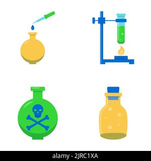 Chemie Science Icon Set in flachem Stil. Chemische Laborgeräte für Experimente. Vektorgrafik. Stock Vektor