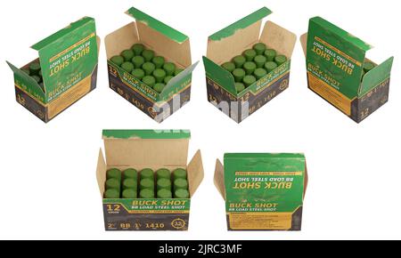 3D Darstellung einer geöffneten Schrotflinten-Munitionsbox isoliert auf Weiß. 12 Gauge. Verschiedene Ansichten. Perspektivische Ansicht. Stockfoto