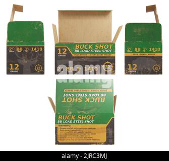 3D Darstellung einer geöffneten Schrotflinten-Munitionsbox isoliert auf Weiß. 12 Gauge. Verschiedene Ansichten. Perspektivische Ansicht. Stockfoto