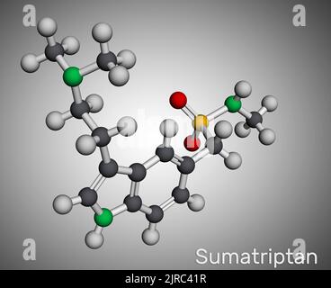 Sumatriptan-Molekül. Es ist Serotonin-Rezeptoragonist, der verwendet wird, um Migräne, Kopfschmerzen zu behandeln. Molekularmodell. 3D Rendern. Abbildung Stockfoto