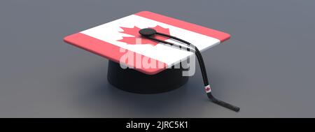 College und High School in Kanada. Kanadische Flagge Student Graduation Mortarboard auf schwarzem Hintergrund. 3D Rendern Stockfoto