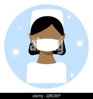 Doktor gesichtsloses Symbol in Uniform und medizinischer Maske. Flache weibliche Form. Virenelemente. Vektorgrafik. Stockfoto