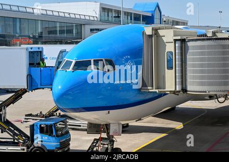 Amsterdam, Niederlande - August 2022: KLM Boeing 777 wird am Flughafen Schipol mit Catering-Zubehör mit einem Scherenhubwagen beladen Stockfoto