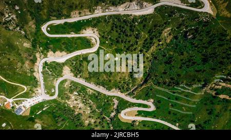 Kurvenreiche Straße vom Hochgebirgspass in den Dolomiten, Italien. Tolle Fahrt durch dichte Wälder und Wiesen. Luftaufnahme. Kurvige Straße im Sommerwald sc Stockfoto