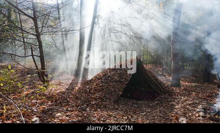 Bushcraft Überlebensschutz in der Wildnis. Schutt Hütte Campingplatz im Wald Stockfoto