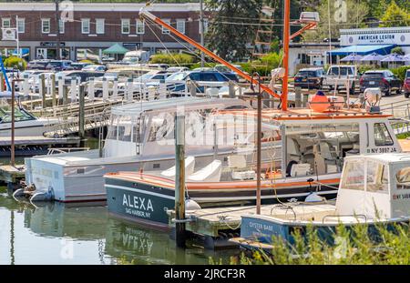 Drei von Billy Joels Boats im Dock in Sag Harbor, NY Stockfoto