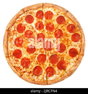 Pizza Pepperoni, isoliert auf weißem Hintergrund, Schnittpfad, volle Schärfentiefe Stockfoto