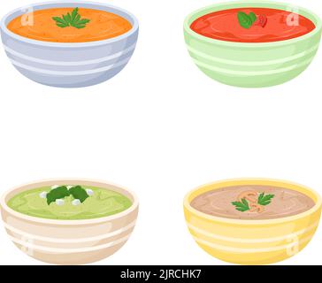 Set von Schüsseln mit Cremesuppe, Vektor-Illustration Stock Vektor