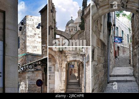 Die Via Dolorosa ist eine Straße in Jerusalem, die dem Weg entspricht, auf dem Jesus, der das Kreuz trug, zum Ort seiner Kreuzigung geführt wurde. Stockfoto