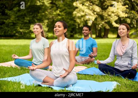 Eine Gruppe von Menschen, die im Sommerpark Yoga machen Stockfoto