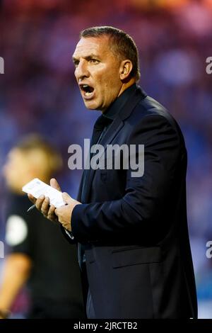 Manchester, Großbritannien. 23. August 2022. Leicester City Manager Brendan Rodgers beim Carabao Cup Second Round Match zwischen Stockport County und Leicester City am 23. 2022. August im Edgelied Park in Manchester, England. (Foto von Daniel Chesterton/phcimages.com) Quelle: PHC Images/Alamy Live News Stockfoto