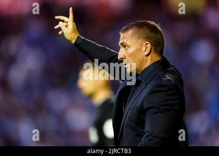 Manchester, Großbritannien. 23. August 2022. Leicester City Manager Brendan Rodgers beim Carabao Cup Second Round Match zwischen Stockport County und Leicester City am 23. 2022. August im Edgelied Park in Manchester, England. (Foto von Daniel Chesterton/phcimages.com) Quelle: PHC Images/Alamy Live News Stockfoto