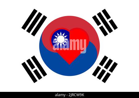 Flagge Taiwans in Form eines Herzens auf der Flagge Südkoreas. Unterstützung der Alliierten für Taiwan. Flache Doppelflagge - Abbildung. Stockfoto