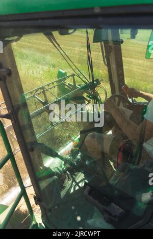 Farmland-Konzept. Vertikale Aufnahme eines nicht erkennbaren kaukasischen Farmers mittleren Alters, der einen Mähdrescher fährt. Perspektive des Bedieners. Hochwertige Fotos Stockfoto