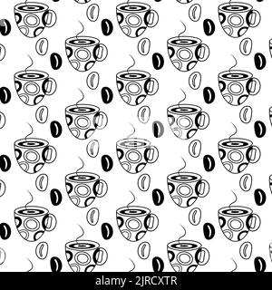 Nahtloses Muster mit Kaffeebohnen und abstrakt stilisiertem Becher auf transparentem Hintergrund. Linie Art. Trendiges Druckdesign. Lifestyle. Glücklicher Tag mit Kaffee. Geeignet für Poster-Tapete, herzlichen Glückwunsch Stock Vektor