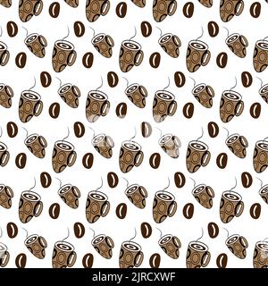 Nahtloses Muster mit Kaffeebohnen und abstrakt stilisiertem Becher auf transparentem Hintergrund. Linie Art. Trendiges Druckdesign. Lifestyle. Glücklicher Tag mit Kaffee. Geeignet für Poster-Tapete, herzlichen Glückwunsch Stock Vektor