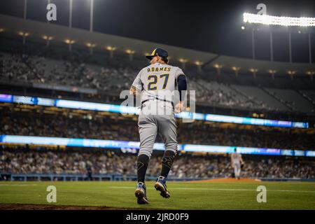 Milwaukee Brewers Shortstop Willy Adames (27) während eines MLB-Spiels gegen die Los Angeles Dodgers, Montag, 22. August 2022, im Dodger Stadium, In Los an Stockfoto