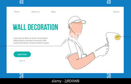 Hausreparaturkonzept. Zielseite Der Website. Arbeiter In Der Werkstatt Machen Arbeiten Aus House. Cartoon-Figuren Malen Sie Wände Und Setzen Fliesen. Vektorgrafik Für Lineare Umrisse. Stock Vektor