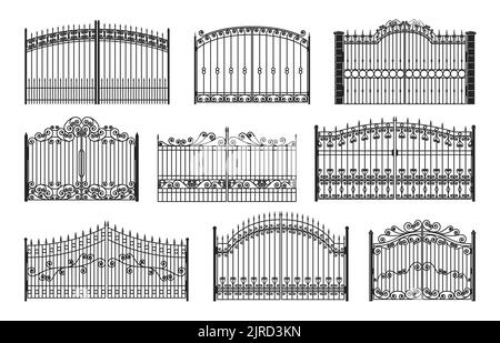 Eiserne Tore, schmiedeeiserne Metallzäune, Vektor-Eingang zum Herrenhaus. Antike Vintage-Architektur, schwarze Fassadenroste im klassischen viktorianischen Stil. Geschmiedete dekorative Objekte mit Ornamenten Stock Vektor