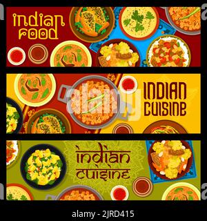 Indische Küche Restaurant Mahlzeiten Banner. Kohlsalat Sambharo, Linsenmais Chowder und Huhn mit Gemüse und Kichererbsen, Linsen Dal, Kartoffelspinat Aloo Palak und Auberginen Baingan Bharta-Burschen Stock Vektor