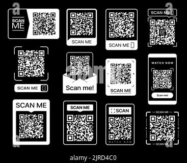 Scannen Sie mich. QR-Code-Sticker-Symbole. Telefon Barcode-Scanner, Smartphone digitale Zahlung Vektor-Tags, mobile Anwendung Quick ID oder Identitätsausweis, Web-Link QR-Code Aufkleber Stock Vektor