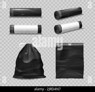 Schwarze Plastikmüllsäcke, Abfalleimer für Müll, vektorieller realistischer Nachbau. Müllsäcke oder Abfälle Polyethylen-Müllsäcke in Rollen, leeren und voll gebunden Mülleimer Recycling-Paket Stock Vektor