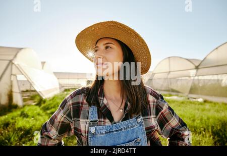 Gewächshaus, Plantage und Frau Bäuerin denken im Gartenfeld. Landwirtschaft mit CO2-Abscheidung positive Umweltgeschäfte. Umweltfreundliches Unternehmen Stockfoto