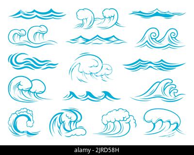 Meer- und Meereswellen-Symbole, Tsunami, Surfwellen. Isolierter Vektorsatz aus blautürkisfarbenen Spritzern, Wellen, Kräuseln und Brechen. Marine- und nautische Sturmsymbole, schäumende Wirbel, Gezeitenwellen-Elemente Stock Vektor