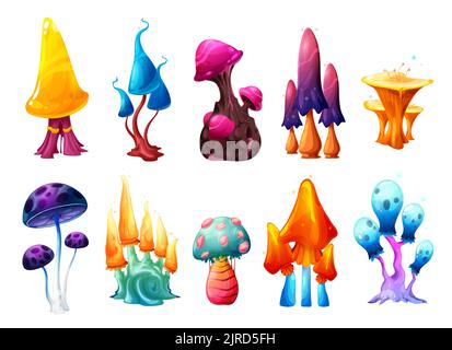 Magische Fee Cartoon Pilze Set. Vektor-Fantasy-Toadstools, halluzinogene Pilze, isolierte außerirdische ungewöhnliche Pflanzen mit kurvenreichen Stipes und seltsamen bunten Mützen. Natürliche giftige Märchen Spiel Asset Stock Vektor