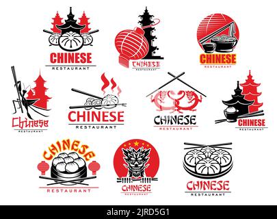 Chinesische Küche Restaurant Ikonen mit Nudeln, Knödel und Essstäbchen. Vector ssian Lebensmittelzeichen. Symbole der chinesischen Speisekarte mit Drachen, Gottesanbeterin und Pagoden mit roten Laternen und China-Flagge Stock Vektor