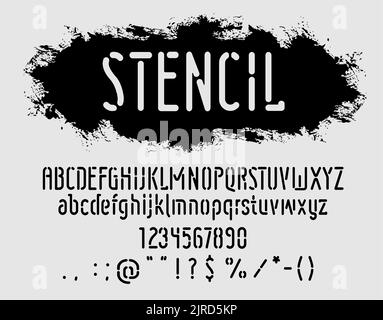 Military Schablone Schriftart, Armee Alphabet Typ von Grunge Buchstaben, Vektor Vintage Text. Military Schablonenschrift, Typografie mit Retro-Stempel oder Graffiti-Spray-Textur, war oder Urban Paint Font Stock Vektor