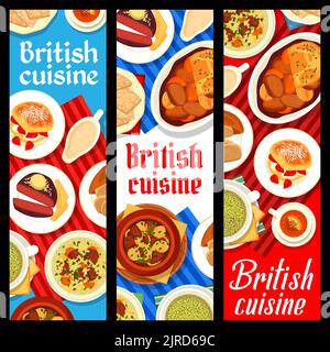 Britische Küche mit englischen Fleisch- und Gemüsegerichten. Vector Banner mit Beef Wellington, Irish Eintopf und Steak mit Chips, Tee, Scones, gerinnter Creme und Haferplätzchen, Sauerampfer-Suppe und Lamm Stock Vektor