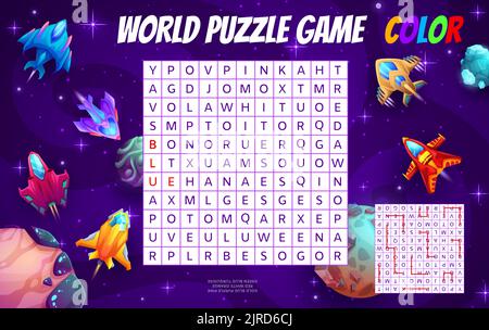 Cartoon-Raumschiffe und Raumschiffe in der Galaxie. Wortsuche Puzzle-Spiel Arbeitsblatt. Vektor erraten Sie ein Farb-Kinder-Quiz, Kreuzworträster mit Raumschiffen, Raumschiff, Rakete, Raumschiff in Universum Wörter Aufgabe Stock Vektor