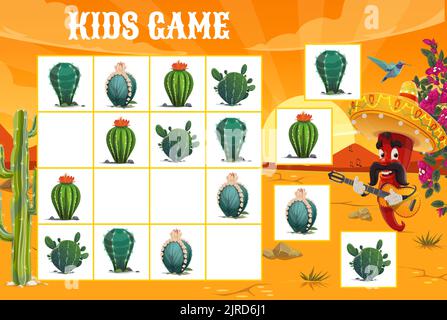 Arbeitsblatt zum Sudoku-Spiel. Mexikanischer Mariachi-Pfeffer und Kakteen in der Wüste. Kinder Puzzle-Spiel, Vektor logische Rätsel oder Kinder pädagogische Sudoku Rebus mit Kakteen, Chili-Musiker-Charakter mit Gitarre Stock Vektor
