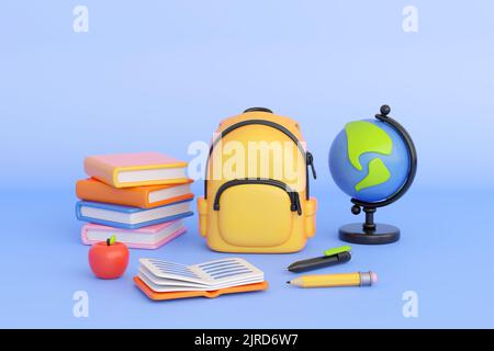 Konzept der Back-to-School, Lernen und Online-Bildung Banner. Gelber Rucksack mit Bücherstapel, Globus, Apfel und Schreibzubehör. 3D hochwertige Render Stockfoto