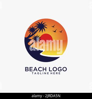 Logo mit Sonnenuntergang am Strand Stock Vektor