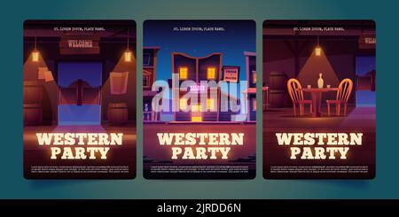 Satz von Vorlagen für Einladungen westlicher Parteien. Cartoon-Illustration des Themenevent-Flyers mit Retro-Saloon-Gebäude und Interieur, eine Flasche Alkohol auf dem Tisch, Holzfässer in einer amerikanischen Vintage-Taverne Stock Vektor