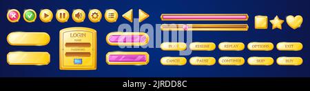 Satz goldener Tasten für das Design der Benutzeroberfläche. Vektor-Illustration von gelb glänzenden Login-Rahmen, Fortschritt, Optionen, Sound-Regulierung, Einstellungen ui-Elemente und leere Balken mit rosa Germstone dekoriert Stock Vektor