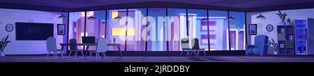 Nachtbüro, Coworking-Bereich, Art-Studio-Arbeitsplatz mit Laptop am Schreibtisch, Stühlen, Brett, großen Fenstern. Komfortabler Ort, Sitzungssaal für die Zusammenarbeit von Geschäftsleuten, Cartoon-Vektor-Illustration Stock Vektor