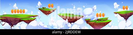 Spiel Ebene fliegende Insel springen Plattformen in blauen Himmel mit Wolken Cartoon Landschaft. UI-Design für Arcade, grüne schwimmende Landstücke mit Gras und Münzen. 2D Hintergrund, Standort mit Bonus-Assets Stock Vektor