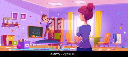 Frau sieht sich ein unordentliches Kinderzimmer an, in dem der Junge auf dem Trampolin springt. Schmutziges Spielzimmer mit Unordnung, verstreuten Spielsachen, Zeichnungen an den Wänden, spielenden Kind und Mutter, Vektor-Cartoon-Illustration Stock Vektor