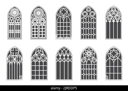 Kirche mittelalterliche Fenster gesetzt. Alte gotische Architekturelemente. Vektorgrafik Glyphe auf weißem Hintergrund. Stock Vektor