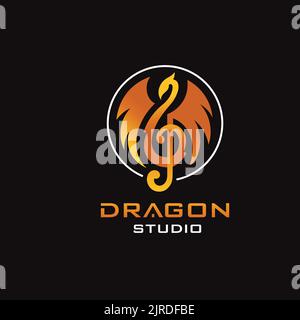 Ein Melodiethema-Logo mit Drachen und musikalischer Note im Kreisrahmen Stock Vektor