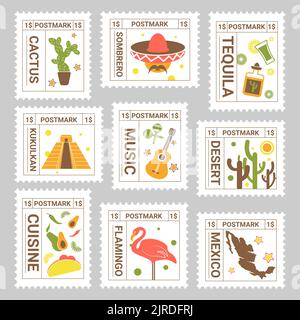 Postmarkenset mit farbenfrohem mexikanischem Element Stock Vektor