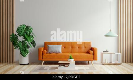 Wohnzimmer haben orangefarbenes Ledersofa und Dekoration minimal.3D Rendering Stockfoto