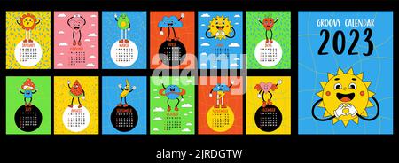 Retro Kalender Vorlage 2023 mit groovigen Stil. Cartoon lustige Comic-Figuren Blume Macht, Sonne, Herz mit Handschuhen und Füßen. Vektor. Vertikale s Stock Vektor